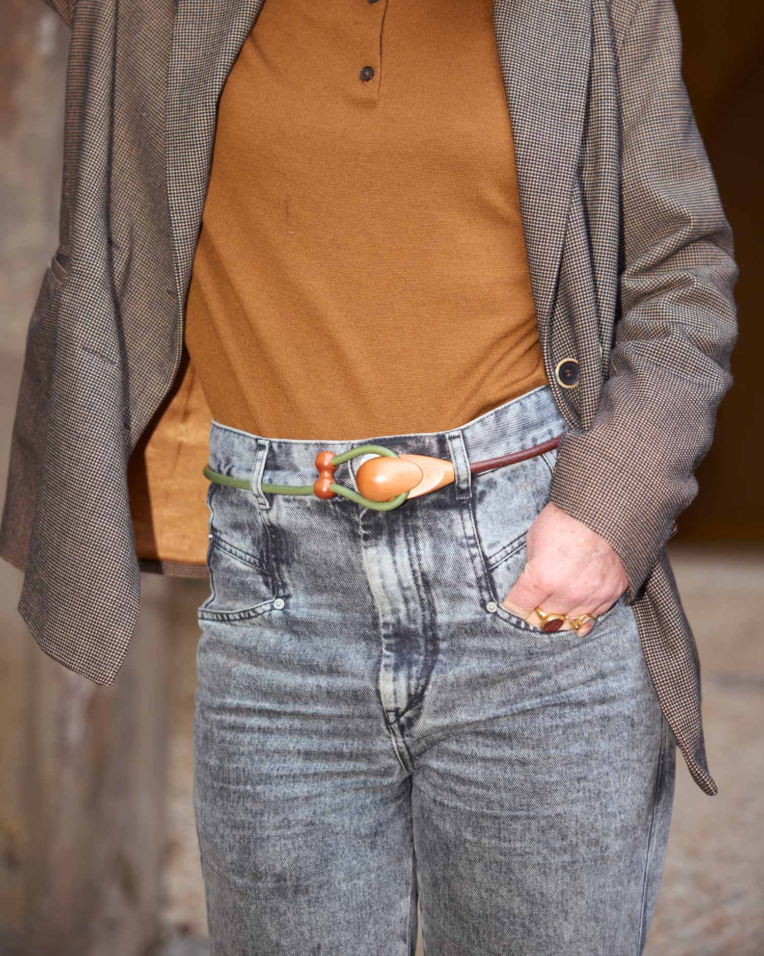 Cintura Gancio Duo / Legno di Pero / Cuoio Verde e Marrone