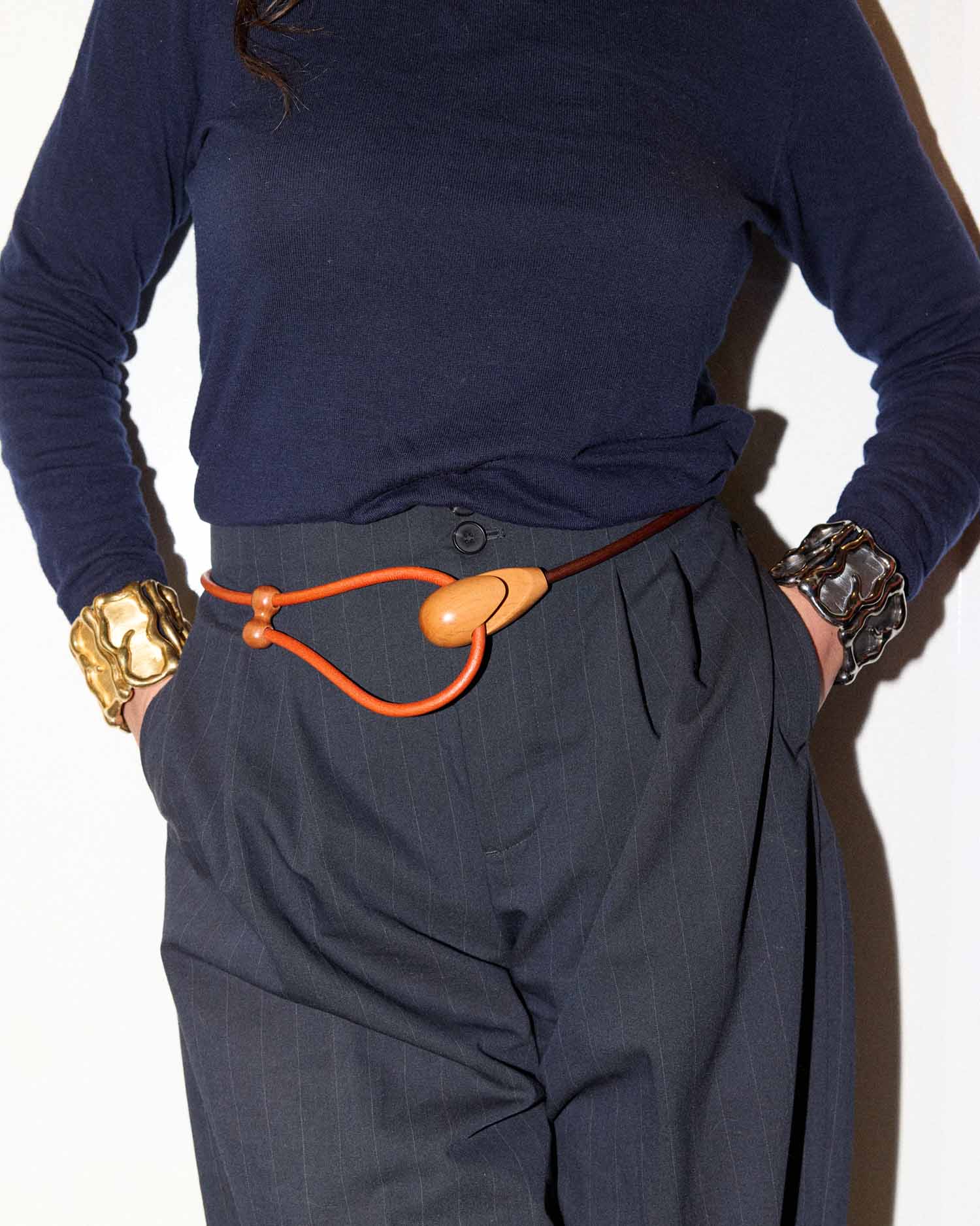 Cintura Gancio Duo / Legno di Pero / Cuoio Arancione e Marrone