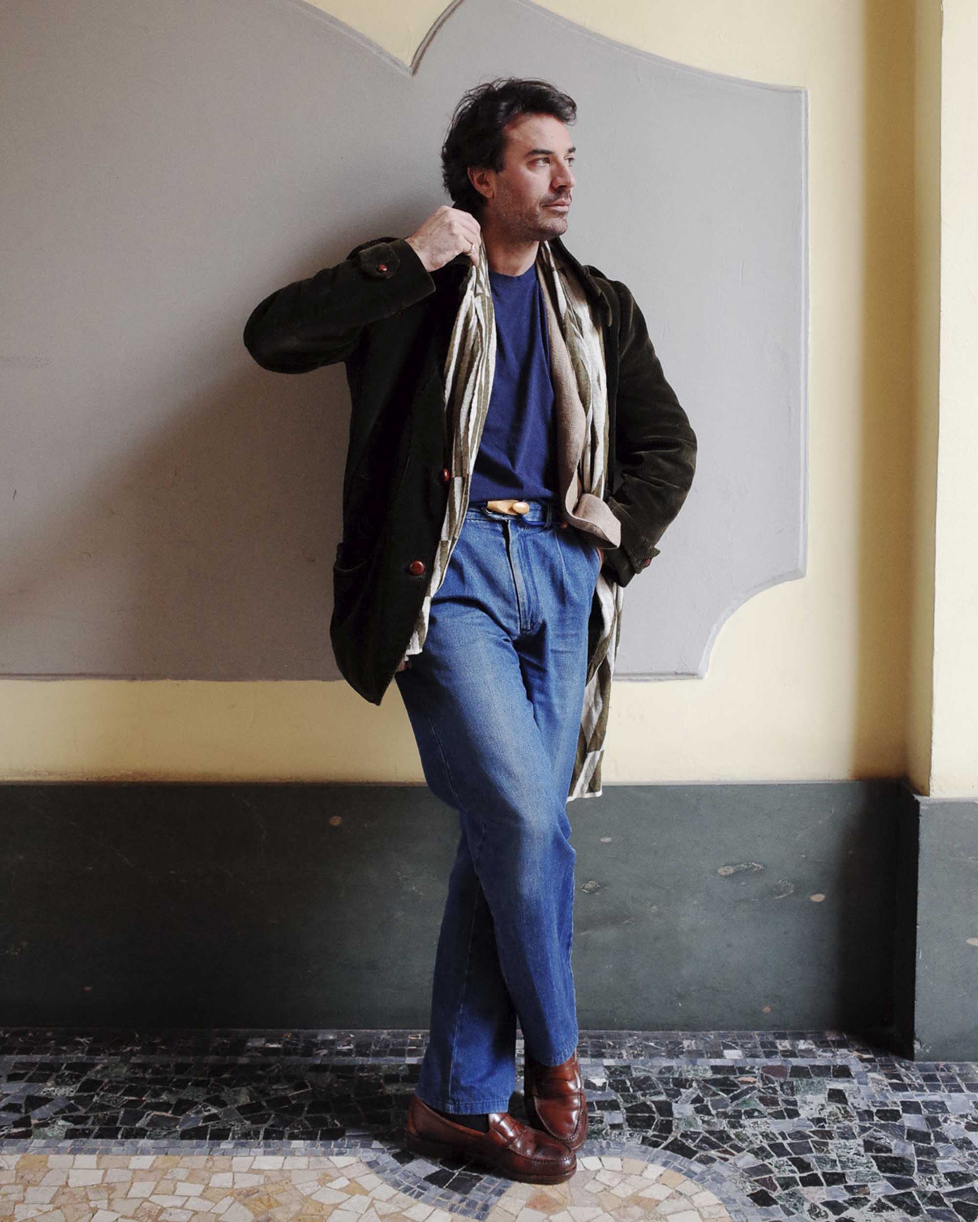 Cintura Gancio / Legno d'acero / Cuoio blu